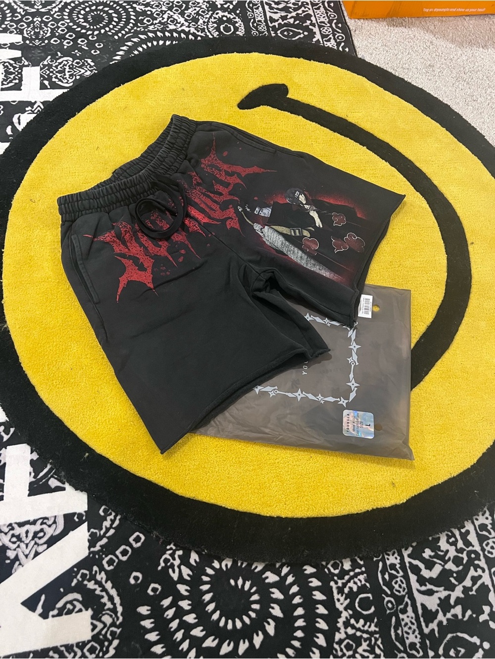 YoungLA Black Graphic Athletic Shorts with Red Print